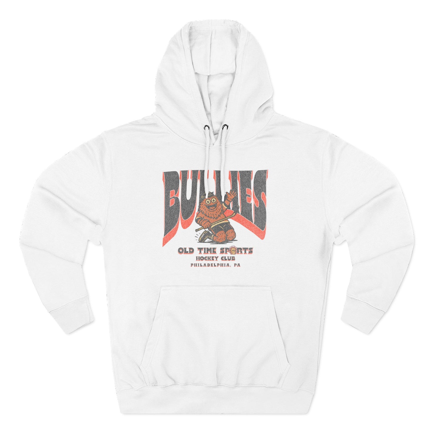 White hoodie with a graphic design on a white background