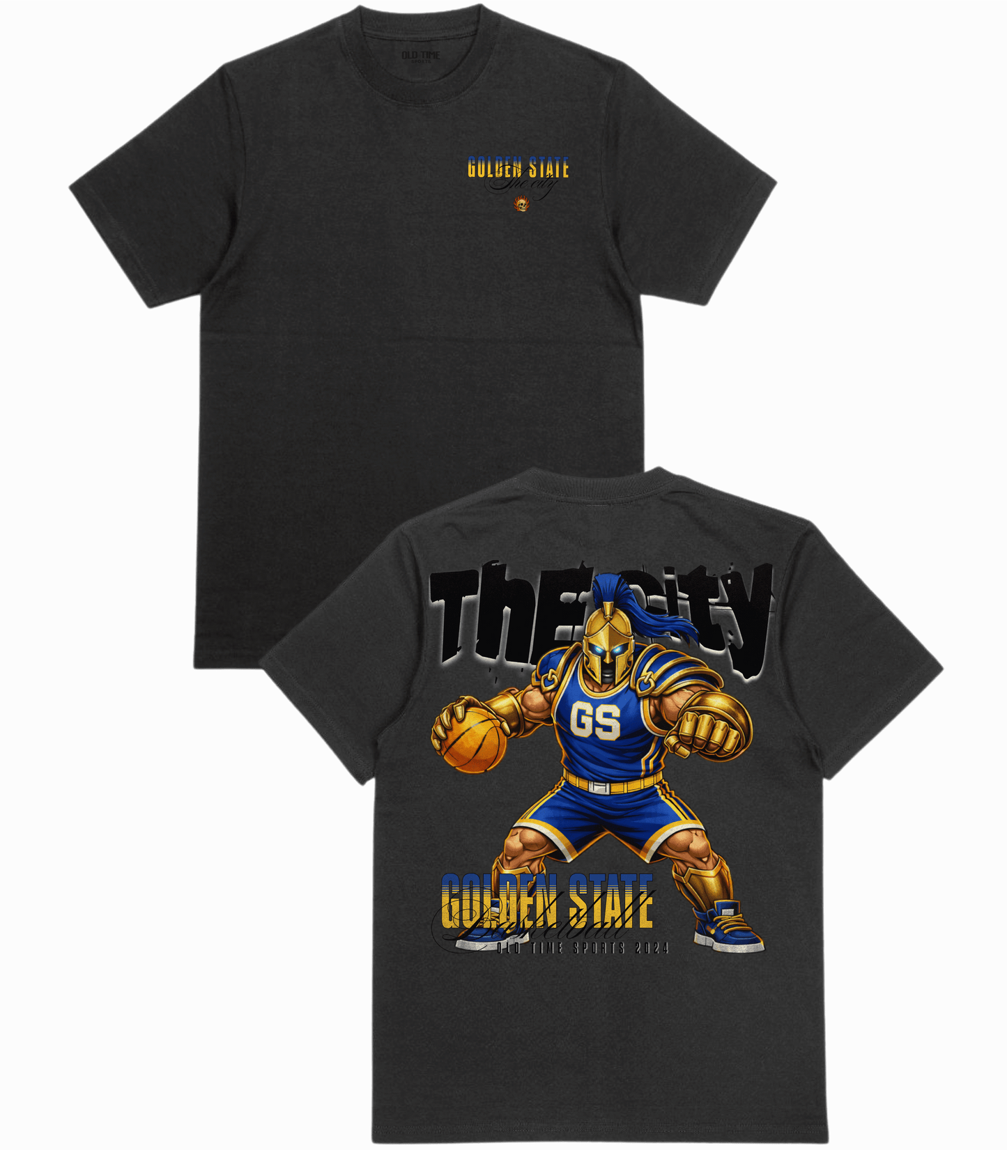 Black t-shirt with 'Golden State' logo on front and sports character on back