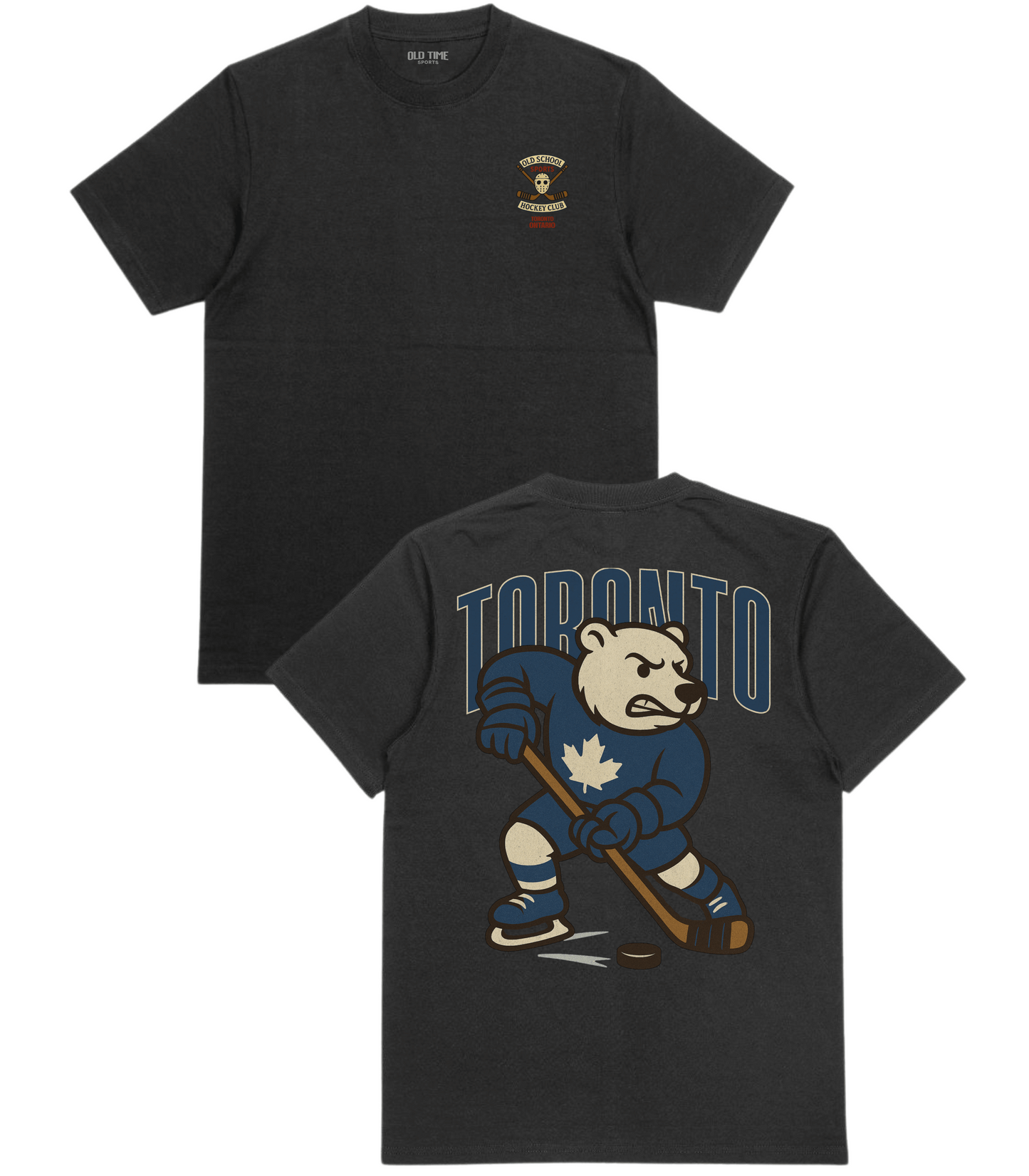 Black t-shirt with a bear hockey player graphic and 'Toronto' text on a white background