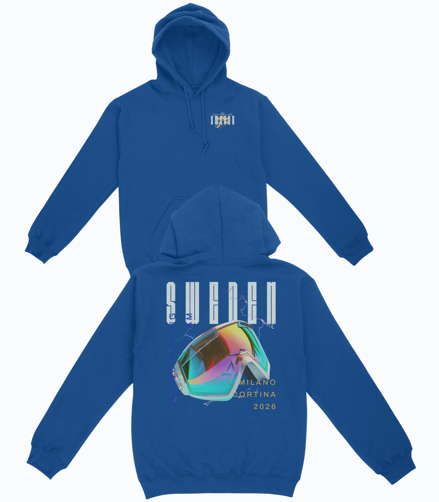 Blue hoodie with a colorful graphic and text on the back, displayed from front and back views.