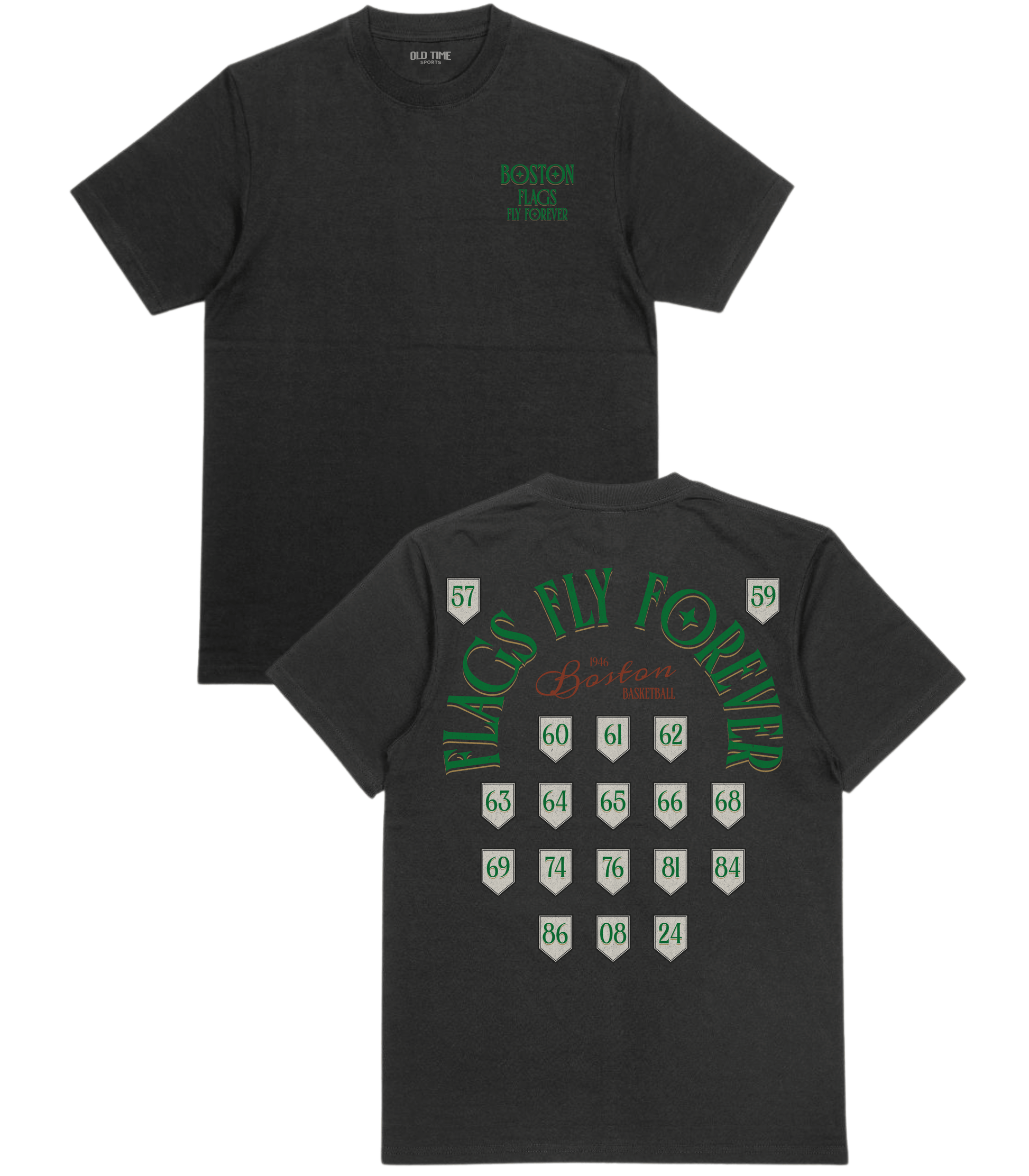 Black t-shirt with green text and graphics on a white background