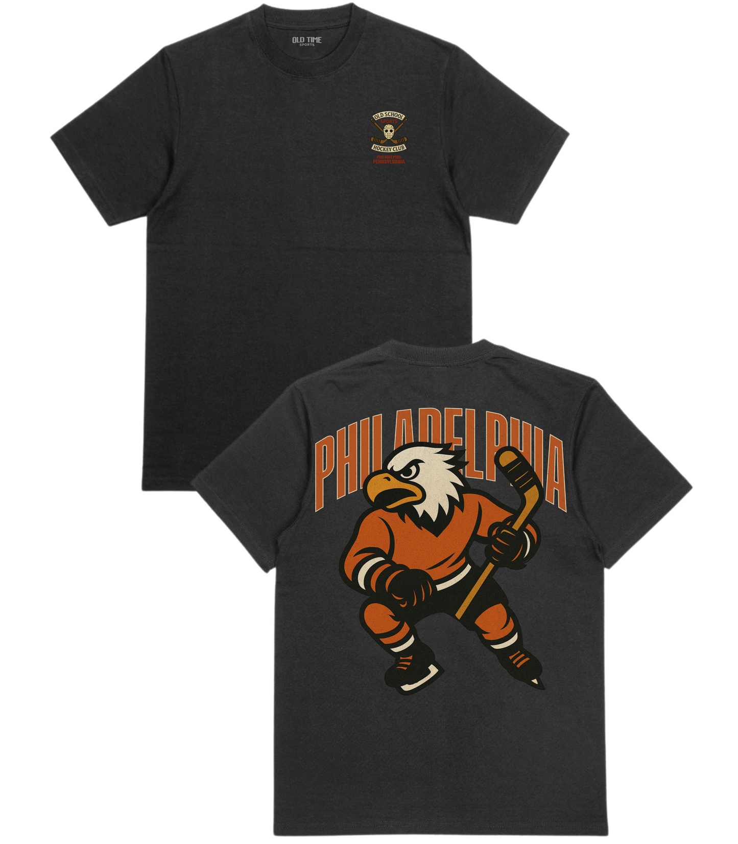 Black t-shirt with Philadelphia-themed graphics on front and back