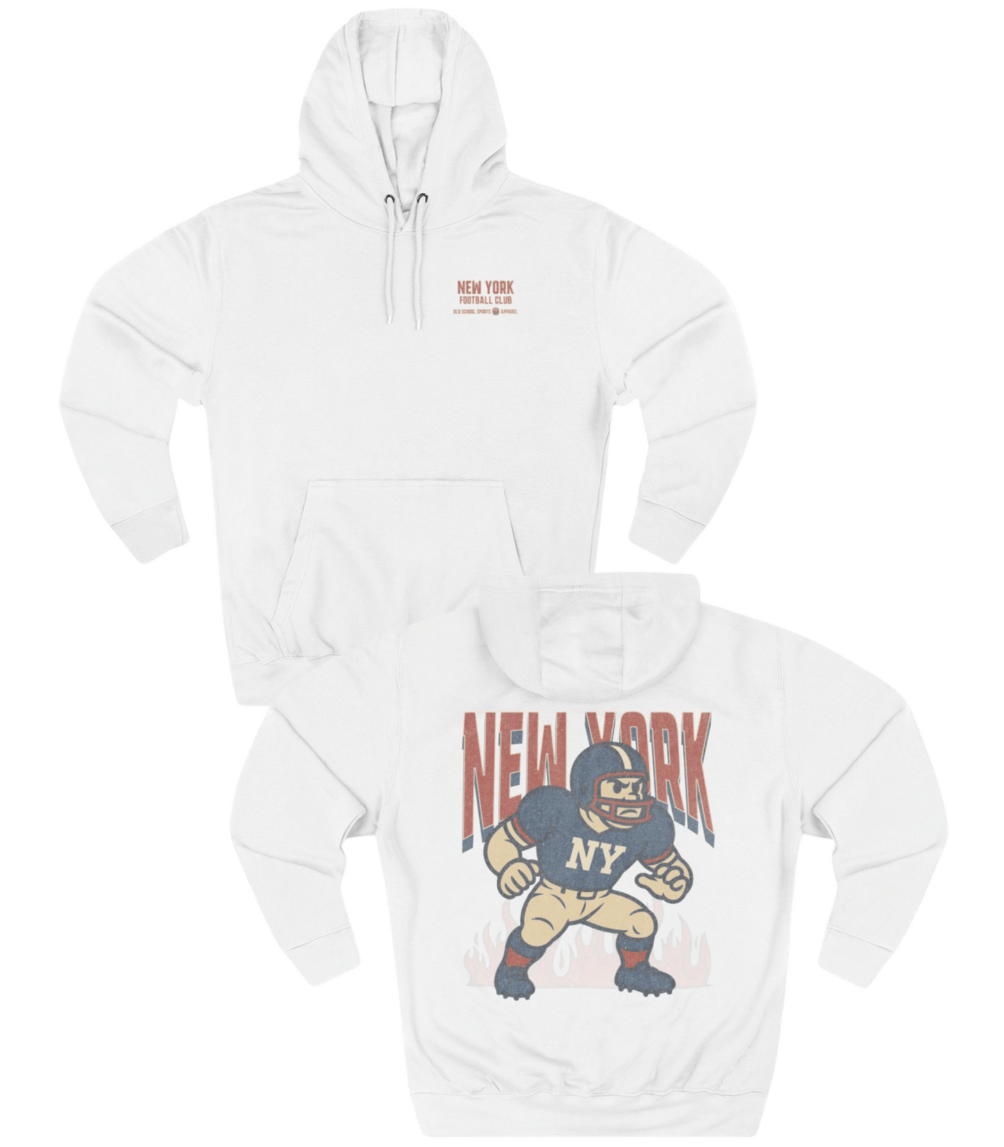 White hoodie with 'New York' graphic design on a white background