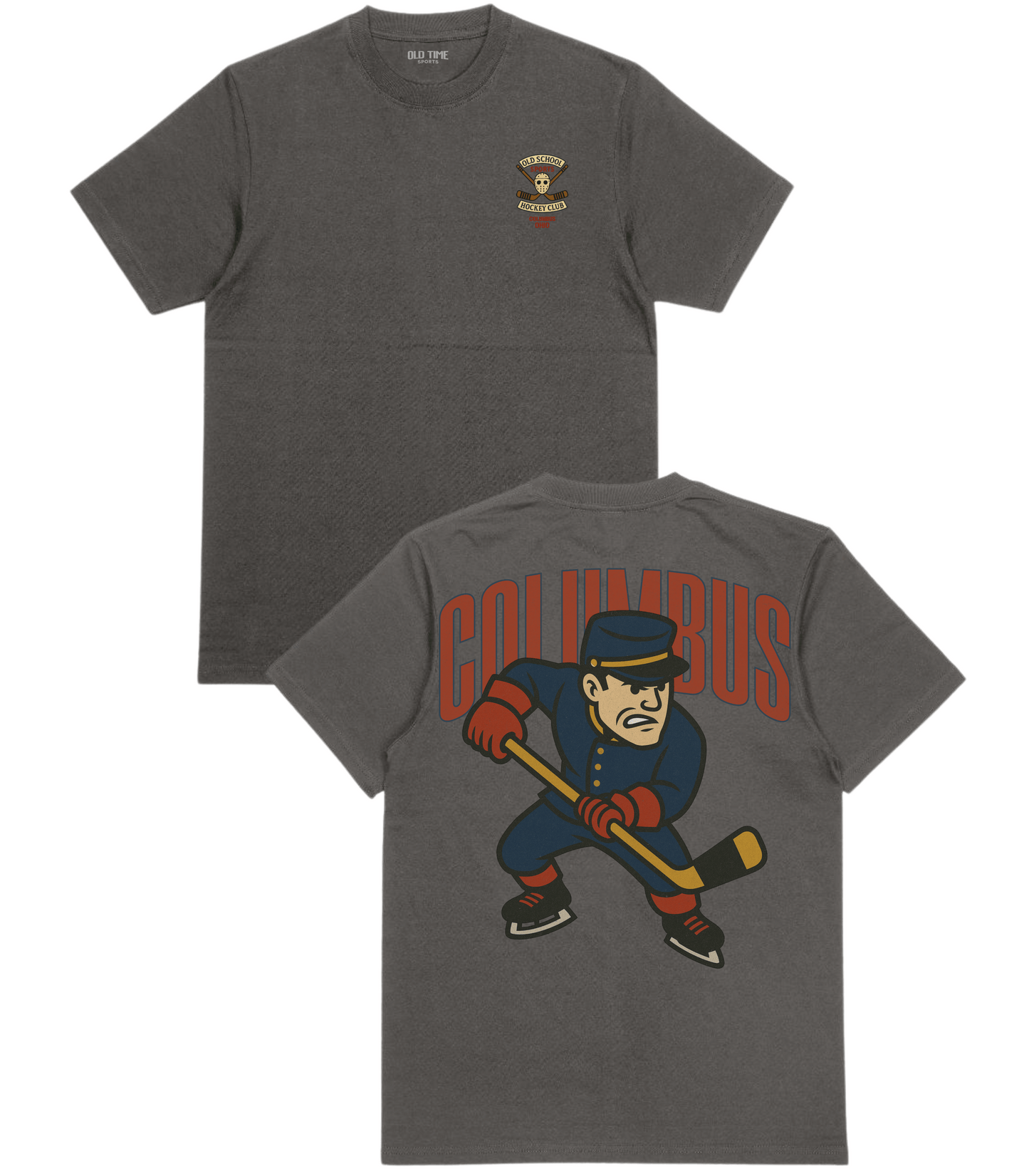 Gray t-shirt with 'Columbus' graphic on the back, displayed front and back.