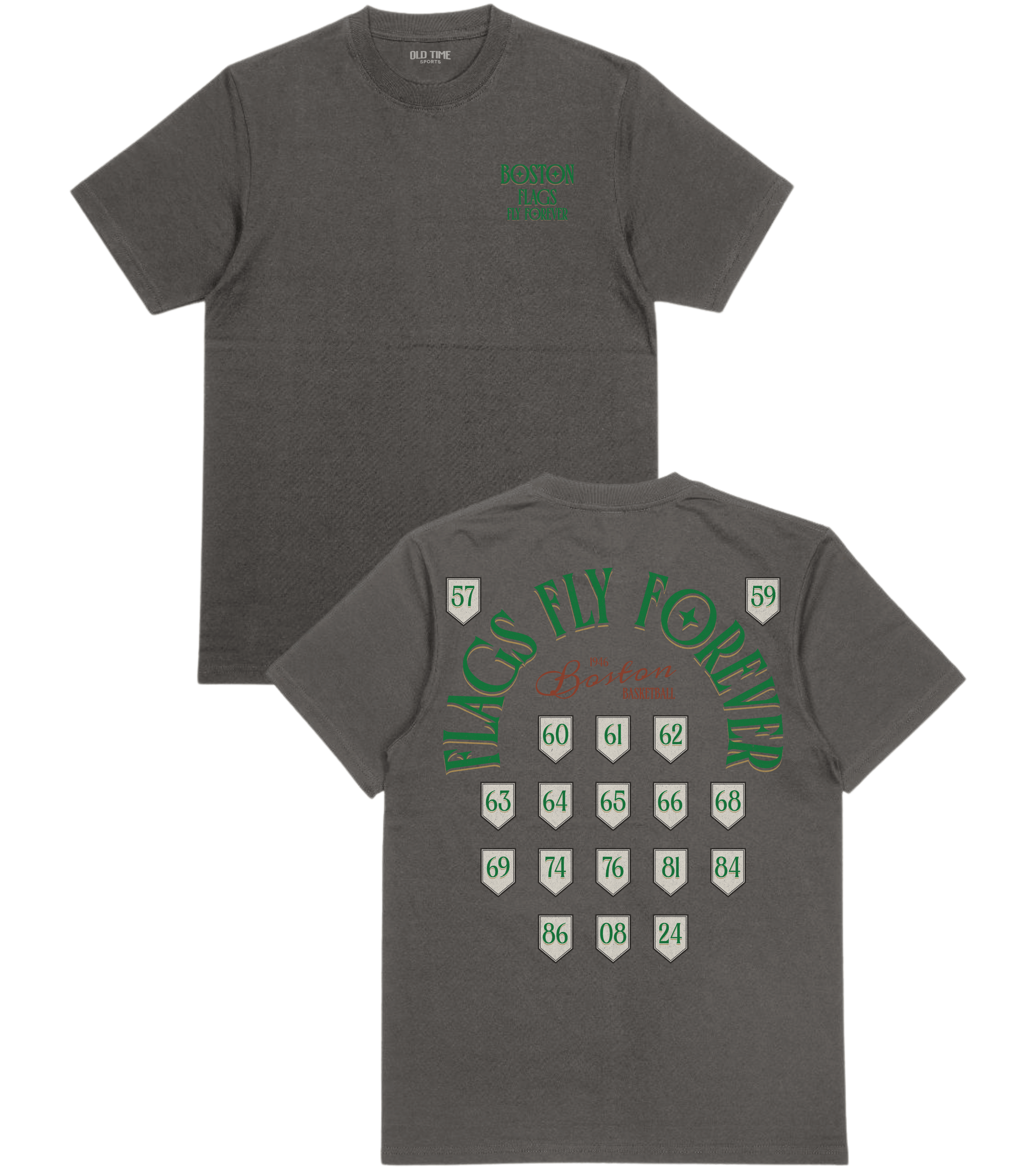 Gray t-shirt with green text and graphics on a white background