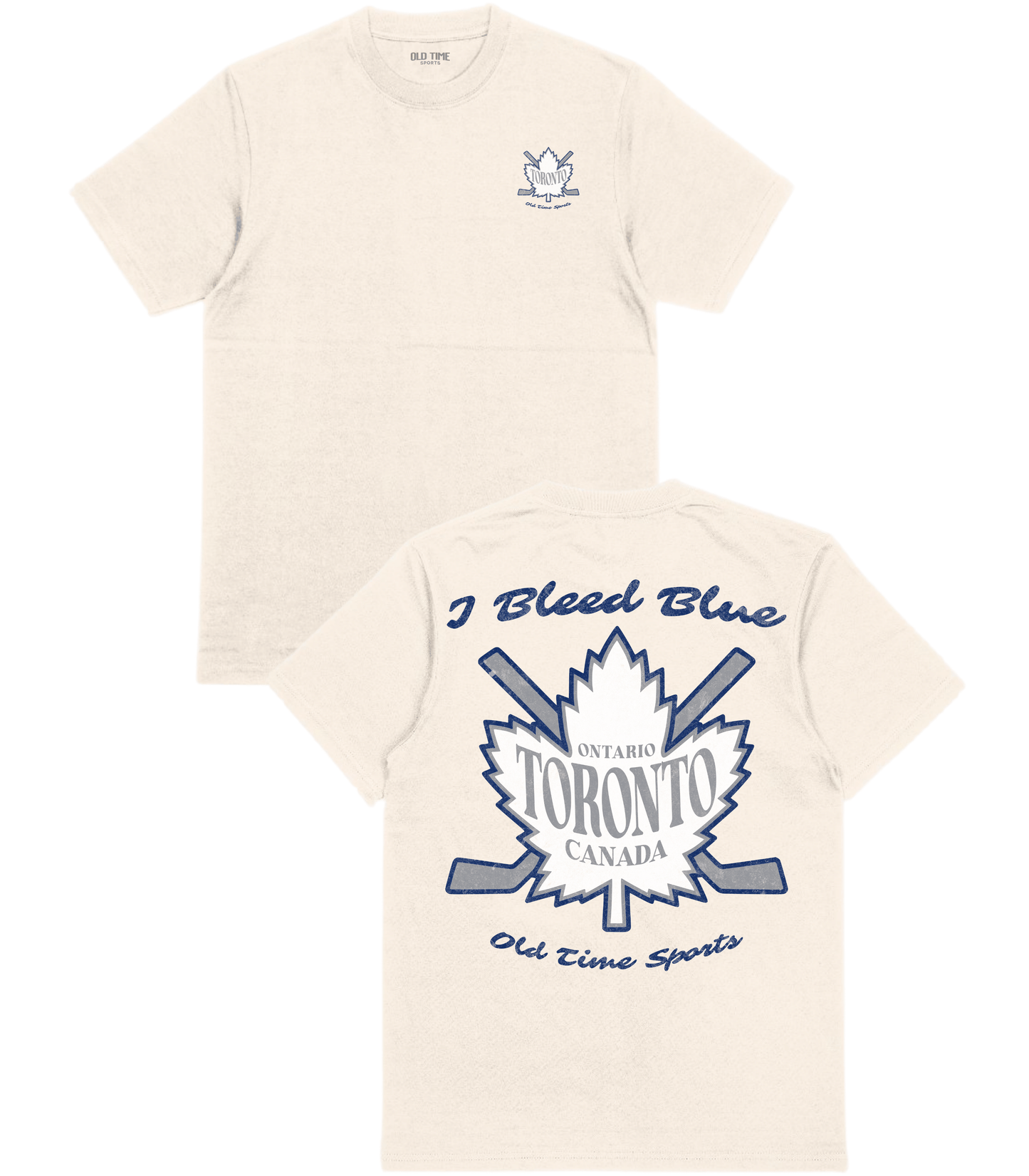 Two views of a short-sleeve crewneck t-shirt in off-white/cream. The front view shows a small blue crest logo on the left chest.