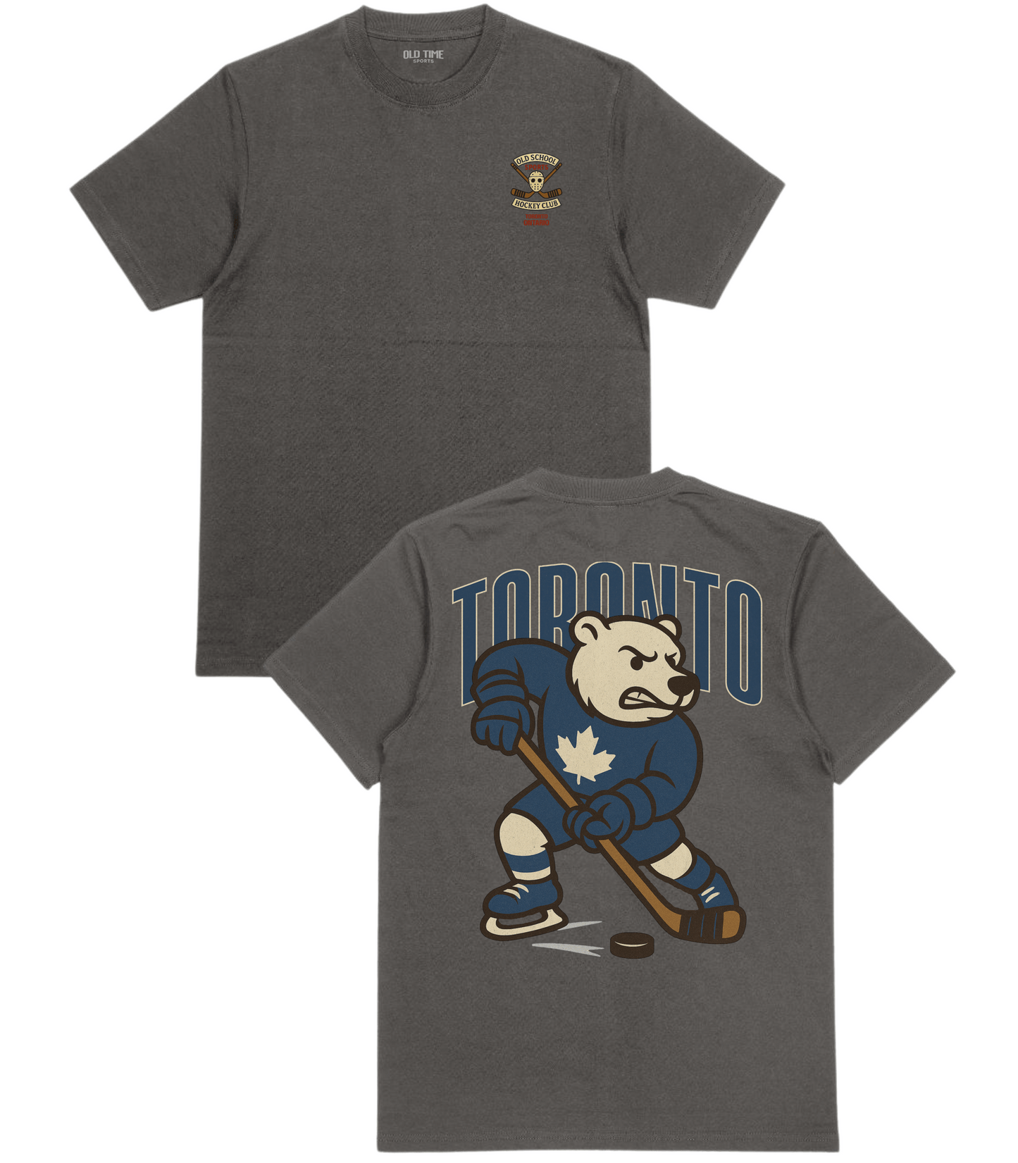 Gray t-shirt with hockey-themed design on front and back, featuring a bear and 'Toronto' text.
