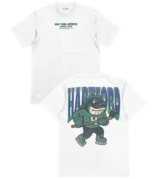 White t-shirt with cartoon hockey player design and 'Hartford' text, featuring Old Time Hockey branding.