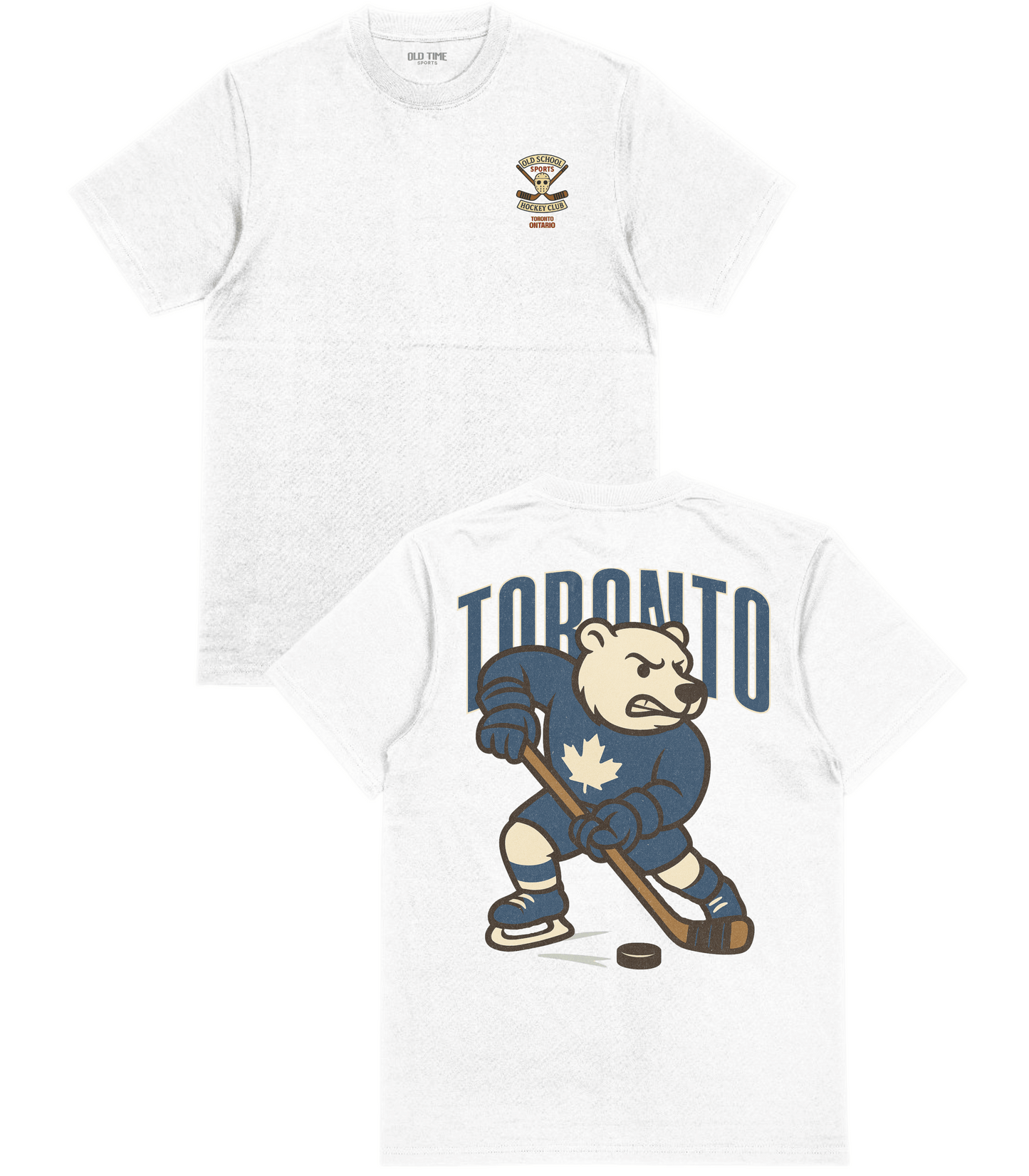 White t-shirt with a bear hockey player graphic and 'Toronto' text on a white background