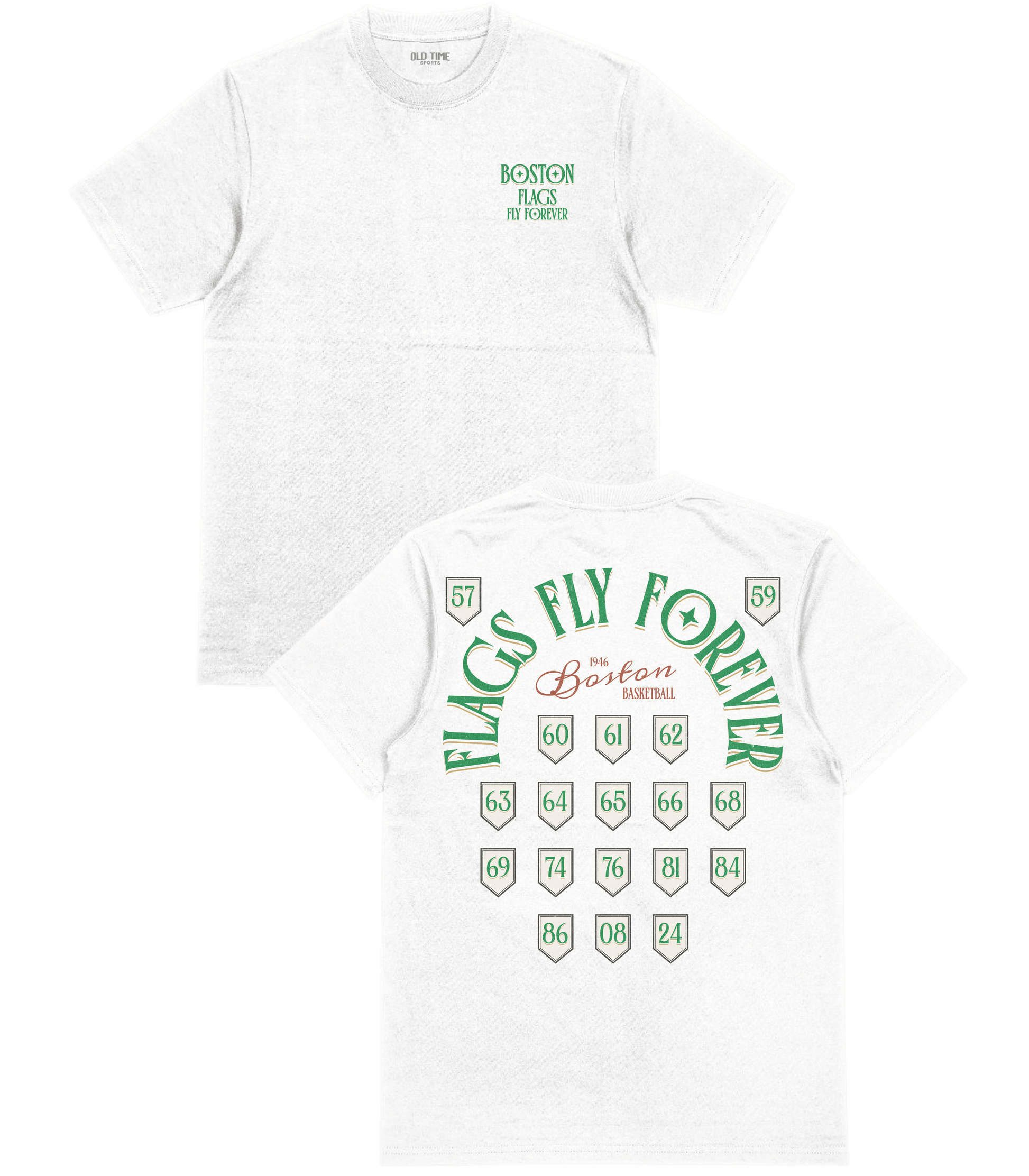 Two white t-shirts with green text and graphics on a white background
