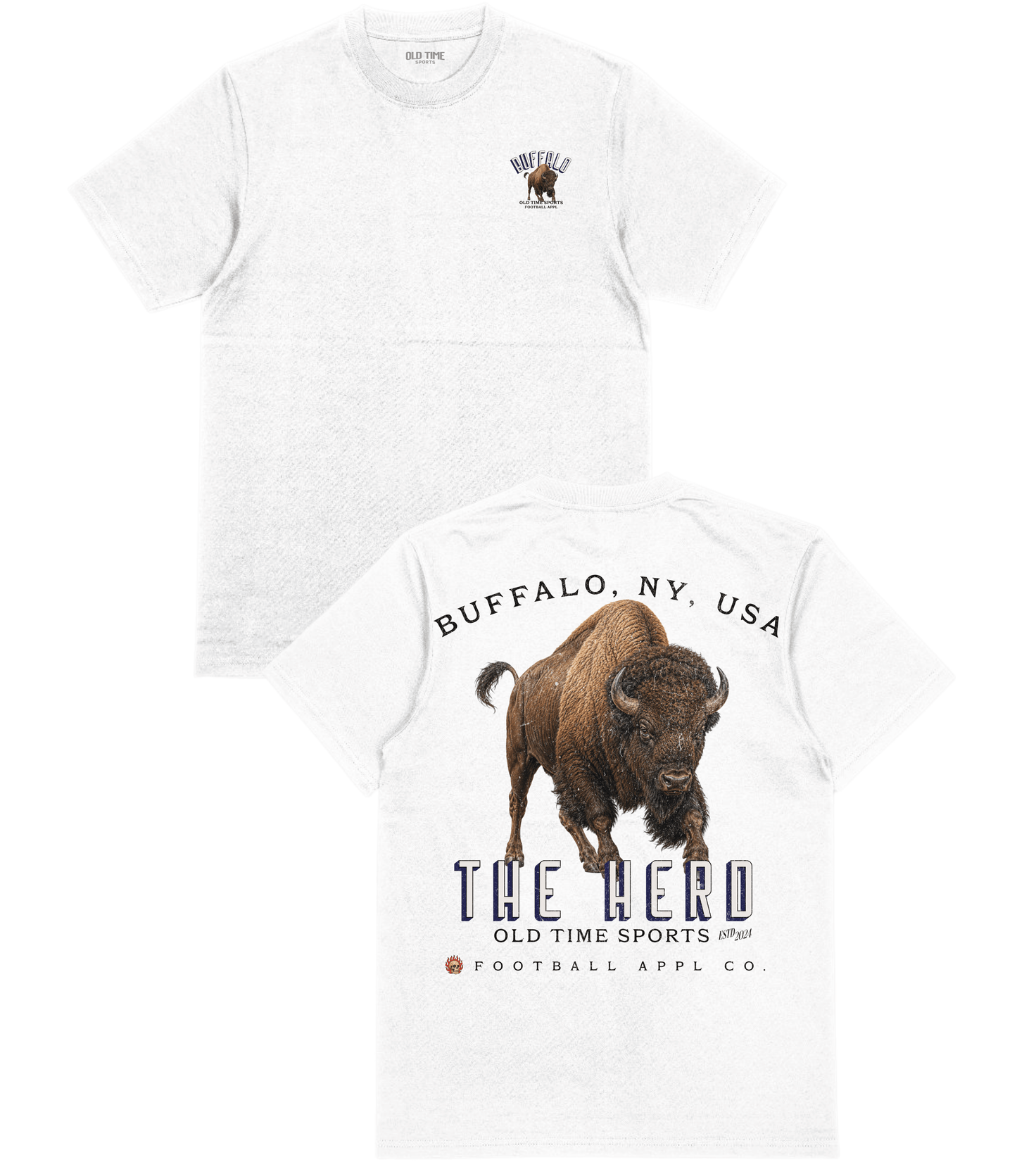 A white short-sleeve t-shirt shown from both the front and back. The front features a small Buffalo, NY, USA logo on the left chest with a bison graphic.