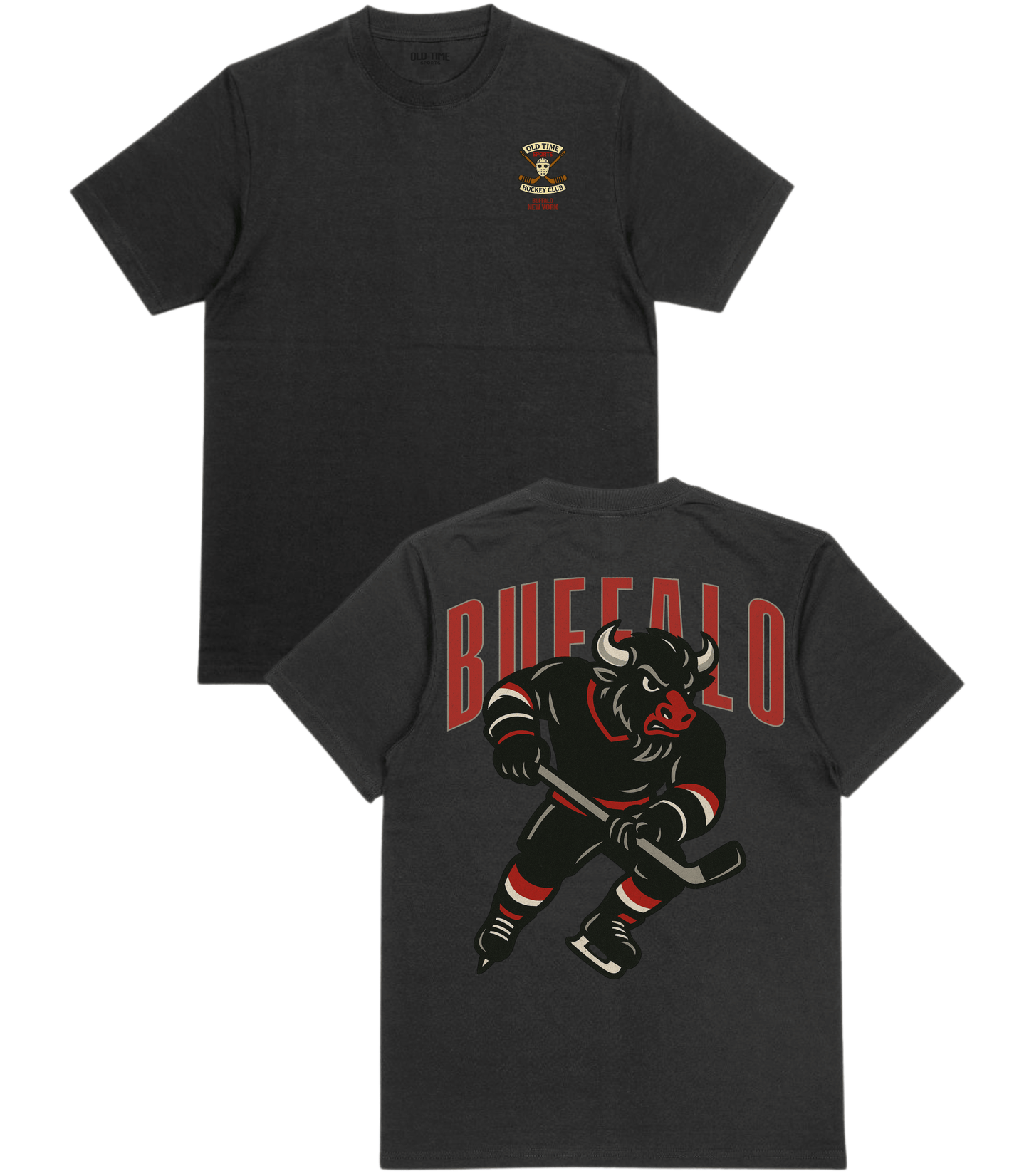 Black t-shirt with a hockey-themed design on the front and 'Buffalo' on the back, on a white background.