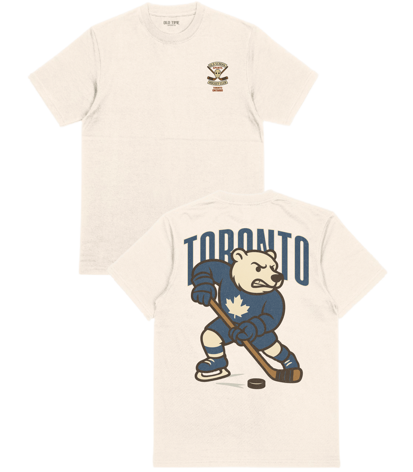 Beige t-shirt with a hockey bear graphic and 'Toronto' text on a white background