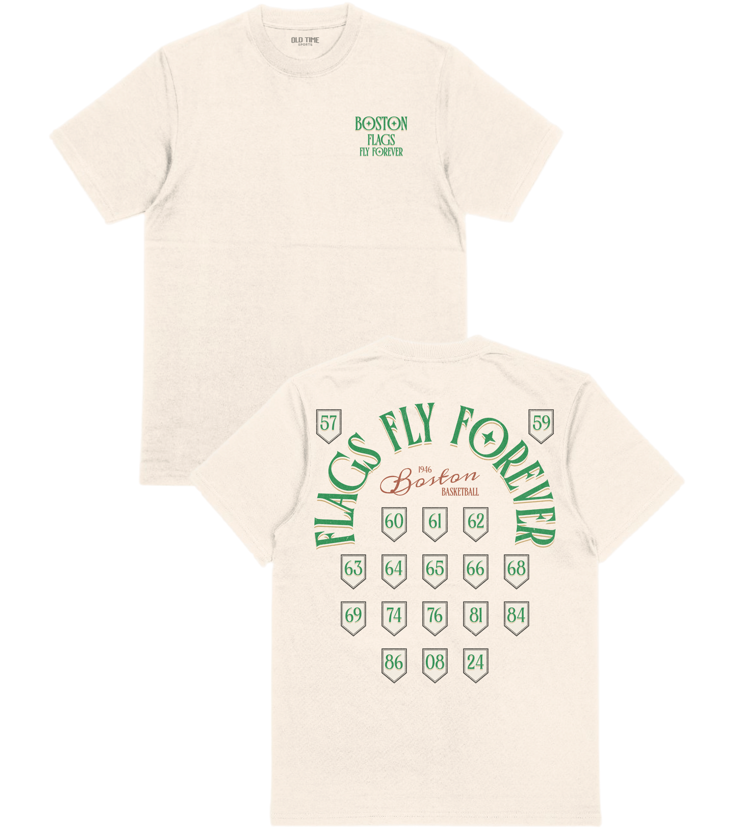 Beige t-shirt with green text and graphics on a white background