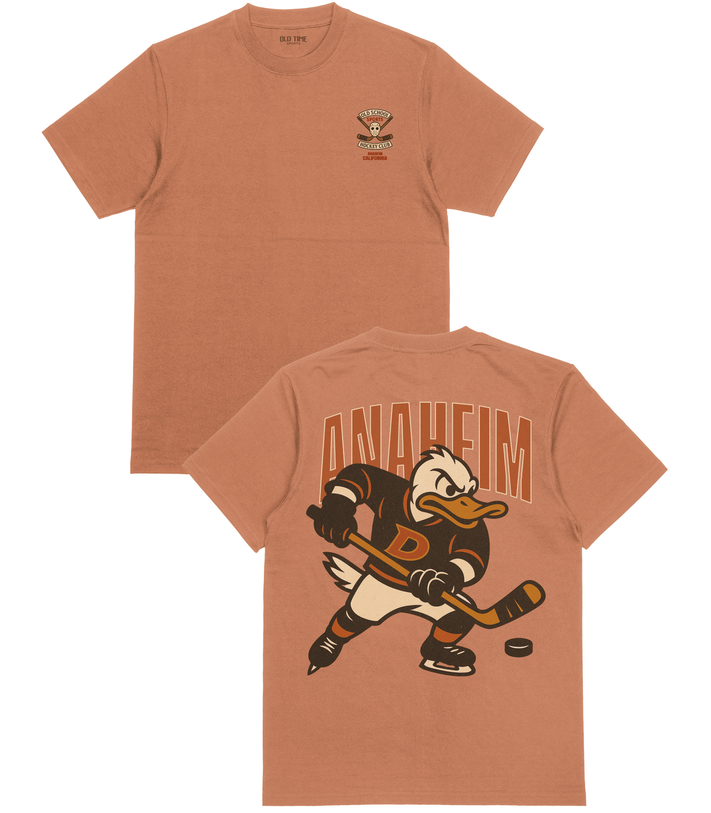 Brown t-shirt with cartoon character and Anaheim text on front and back