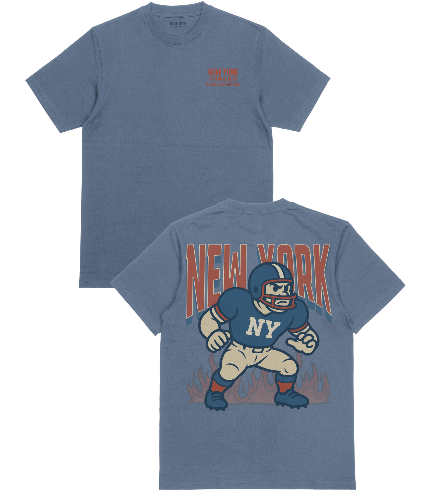 Blue t-shirt with football player graphic and 'New York' text on a white background