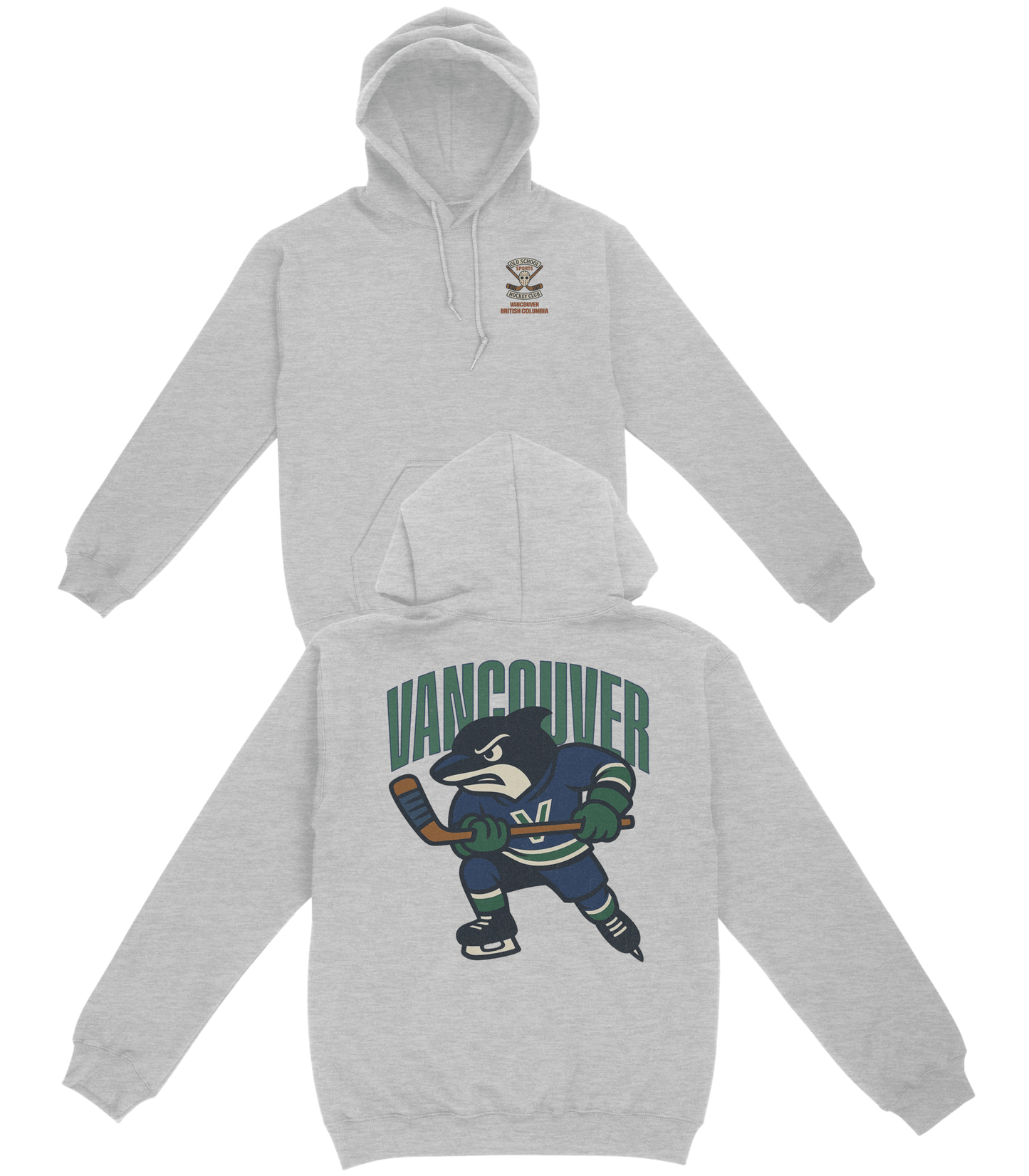 Gray hoodie with Vancouver Canucks logo on a white background
