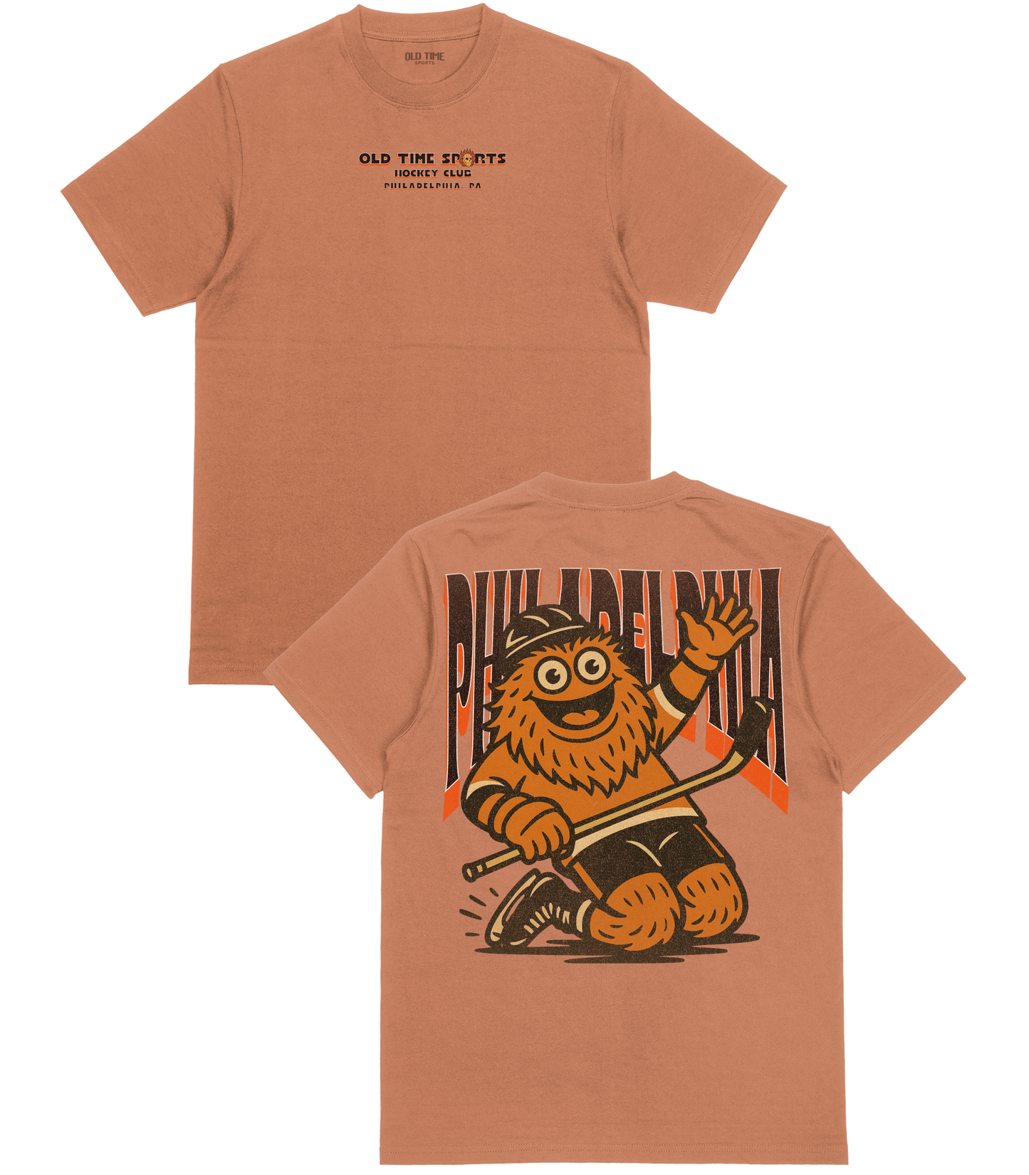 Brown t-shirt with graphic design on front and back