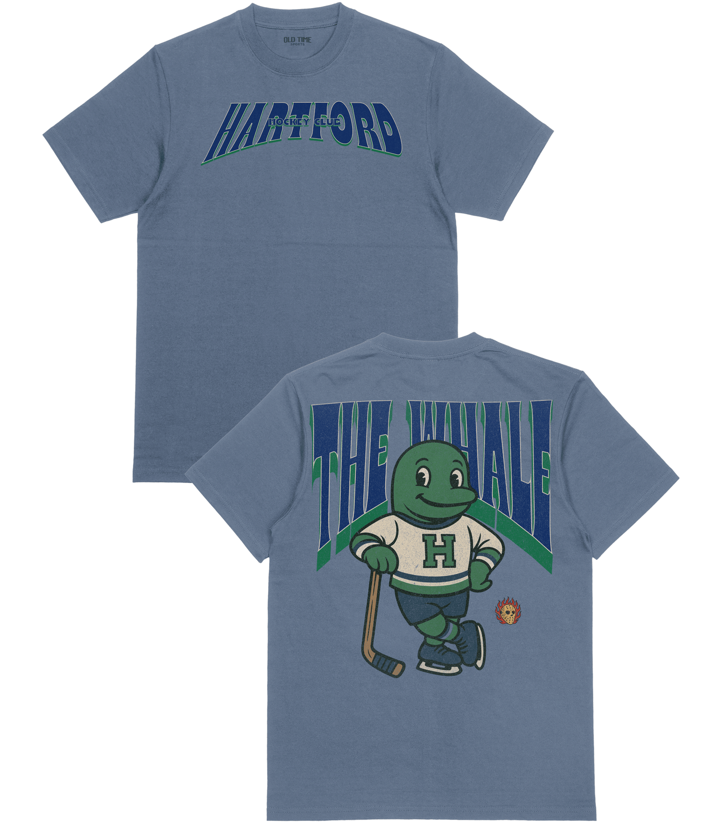 Blue t-shirt with 'Hartford' text on front and cartoon character on back
