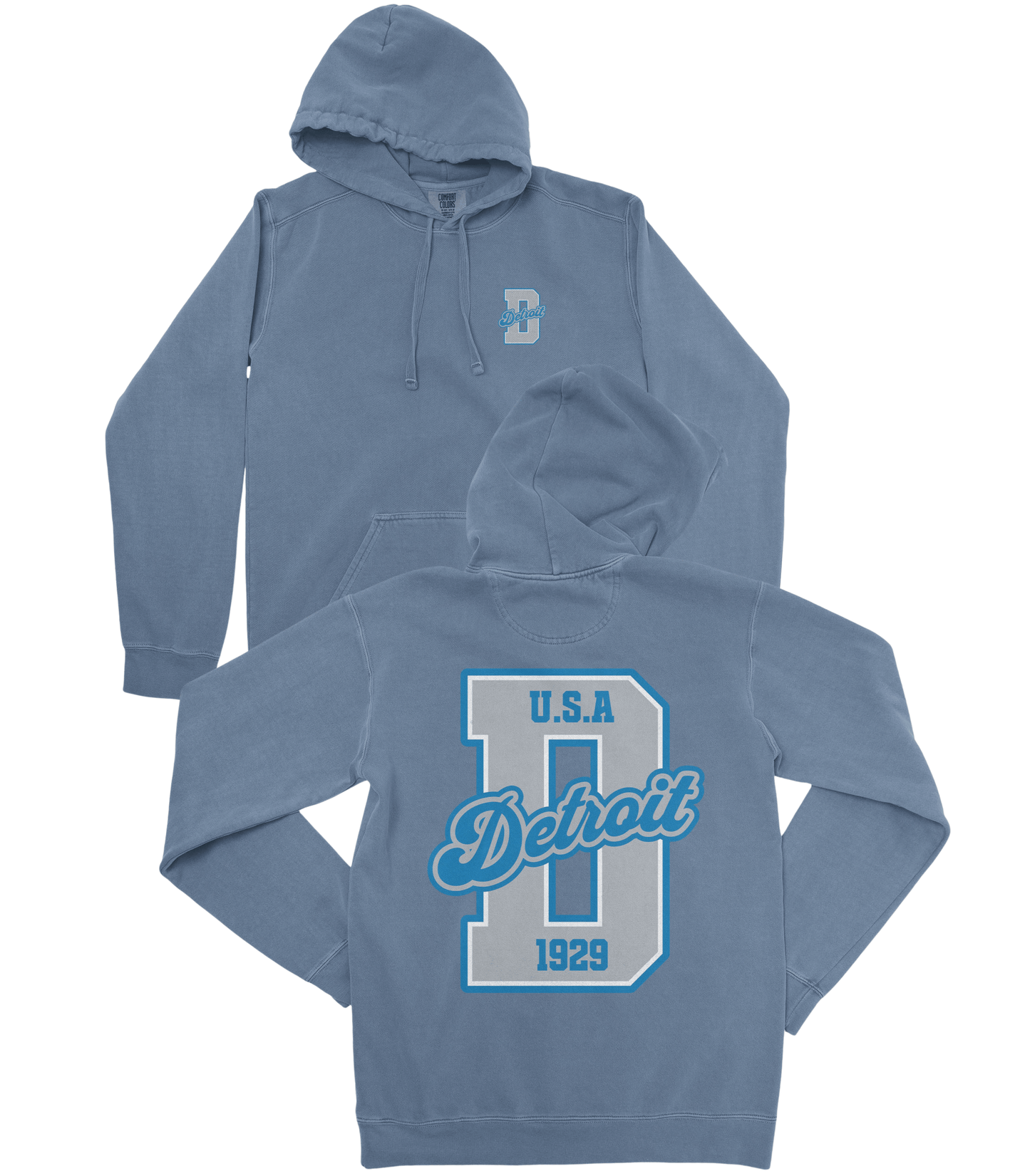 Blue hoodie with 'U.S.A Detroit 1929' text on a white background
