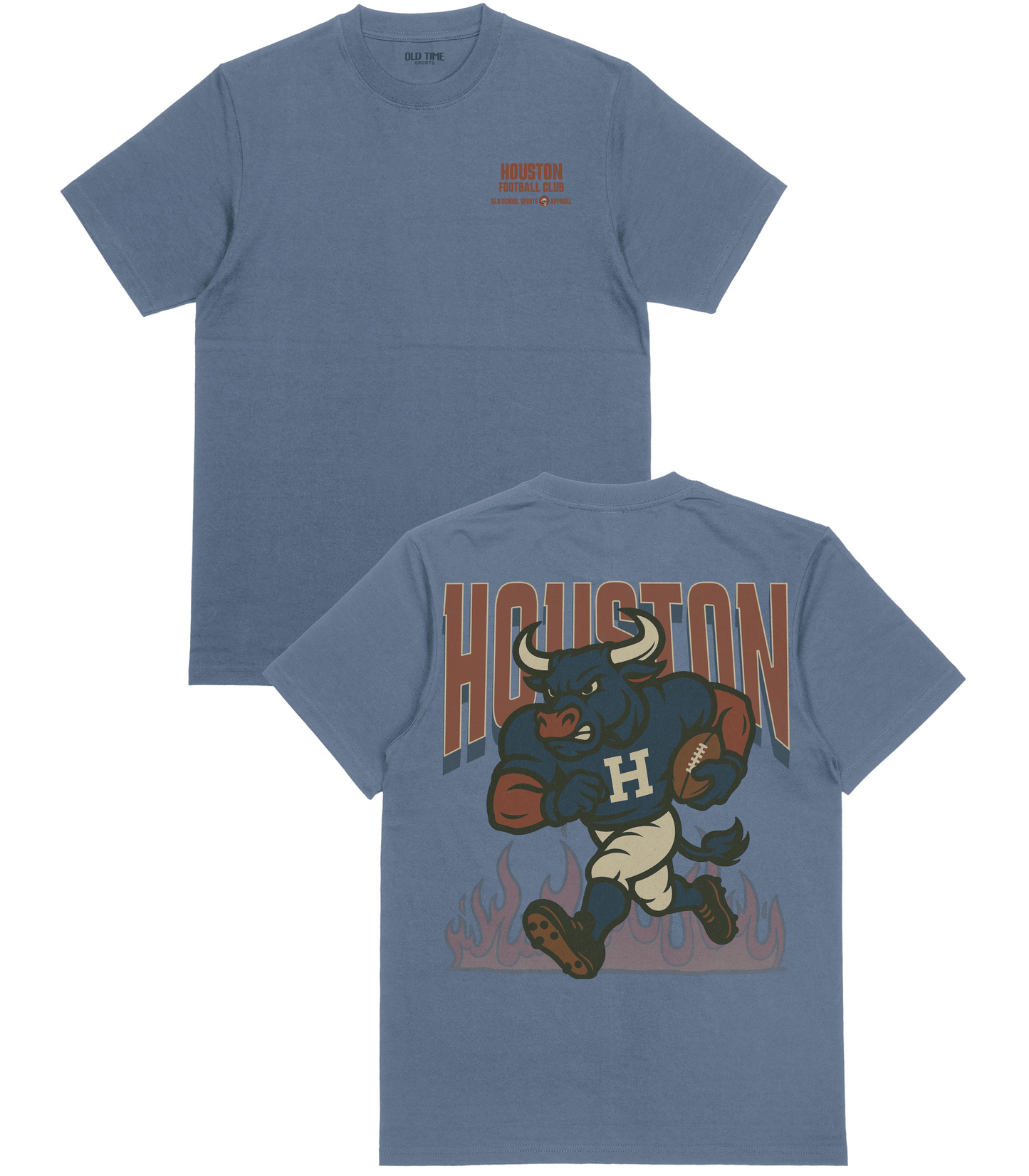 Blue t-shirt with 'Houston' graphic on front and back