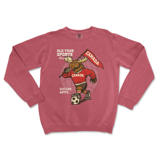 Red sweatshirt with a moose graphic and 'Old Time Sports' text on a white background