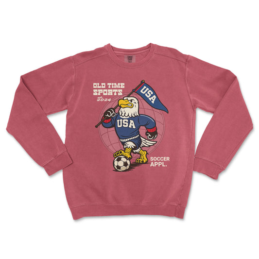Red sweatshirt with an eagle graphic and 'Old Time Sports' branding on a white background