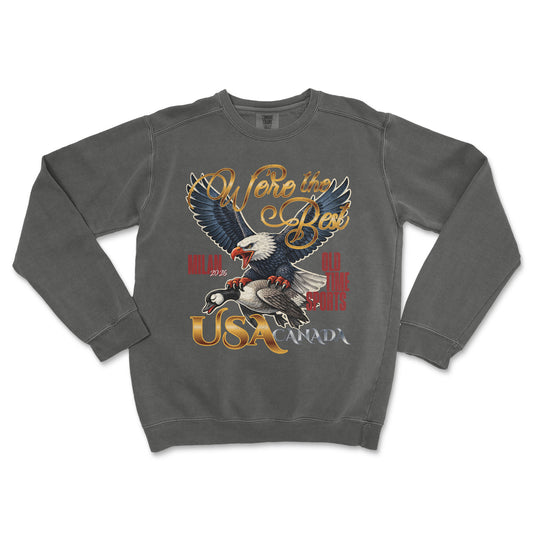 Gray sweatshirt with eagle and duck design on a white background