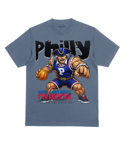Blue t-shirt with a cartoon character holding a basketball and 'Philly' text on a transparent background