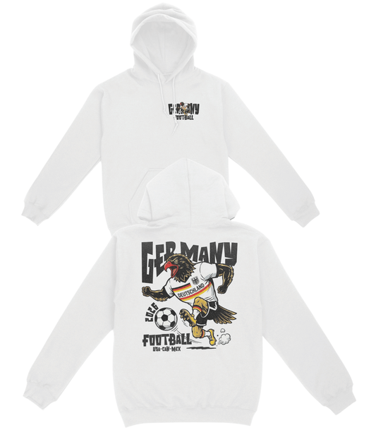 White hoodie with German football design on a white background