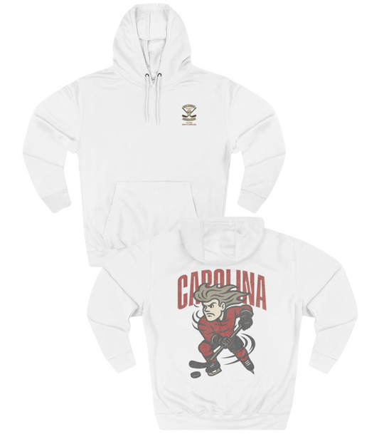 White hoodie with 'Carolina' graphic design on a white background