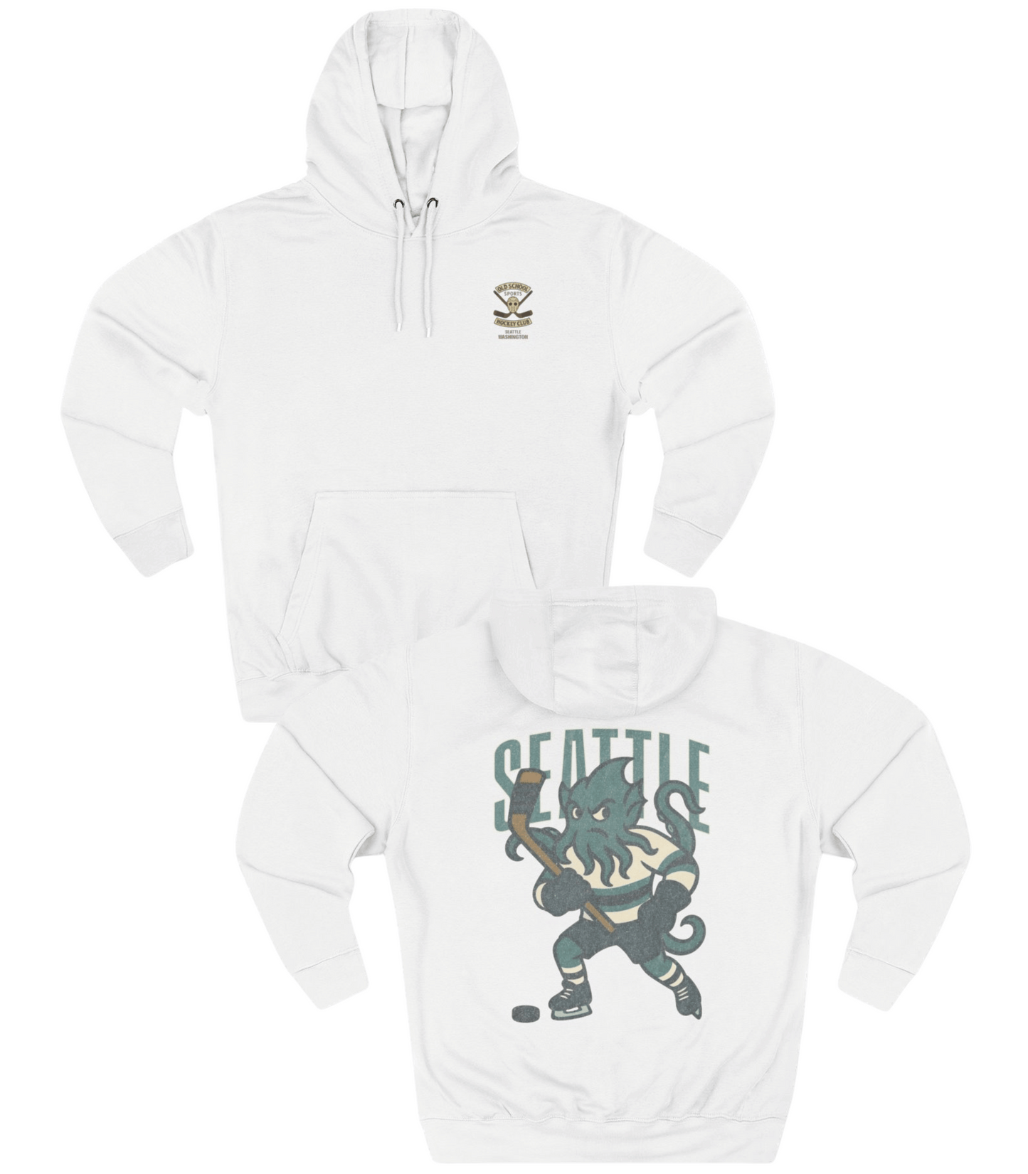 White hoodie with 'Seattle' graphic design on a white background