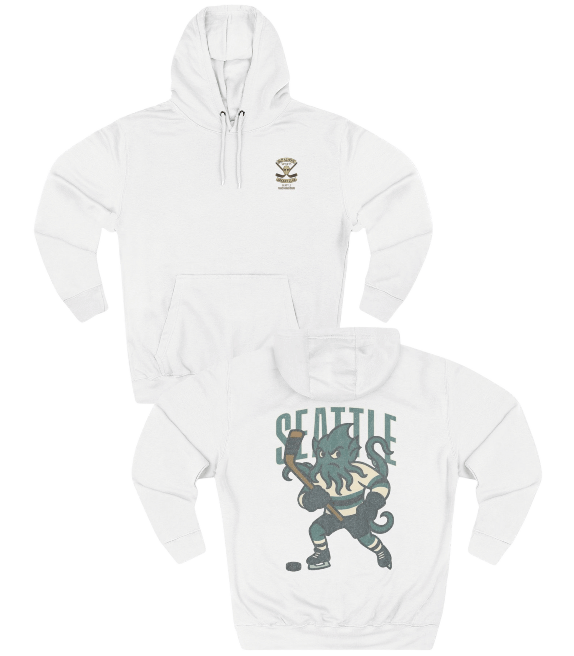 White hoodie with 'Seattle' graphic design on a white background
