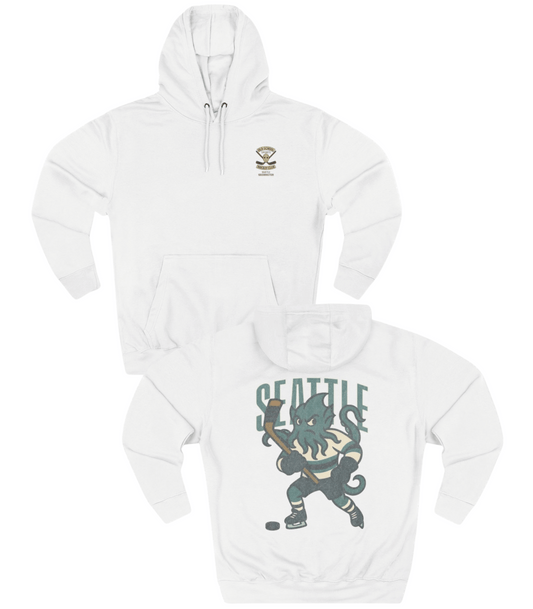 White hoodie with 'Seattle' graphic design on a white background