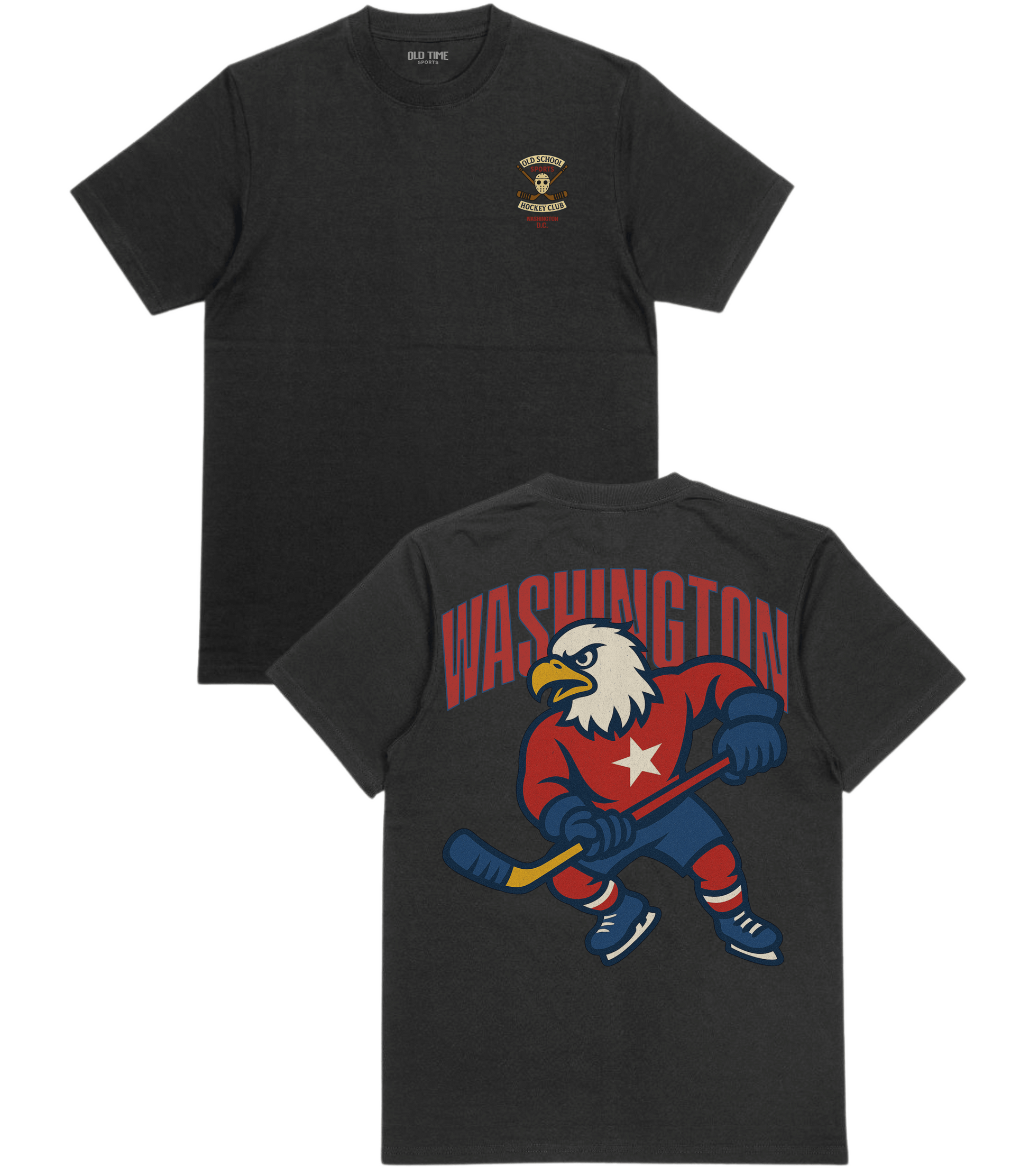 Black t-shirt with 'Washington' eagle graphic on the front and back
