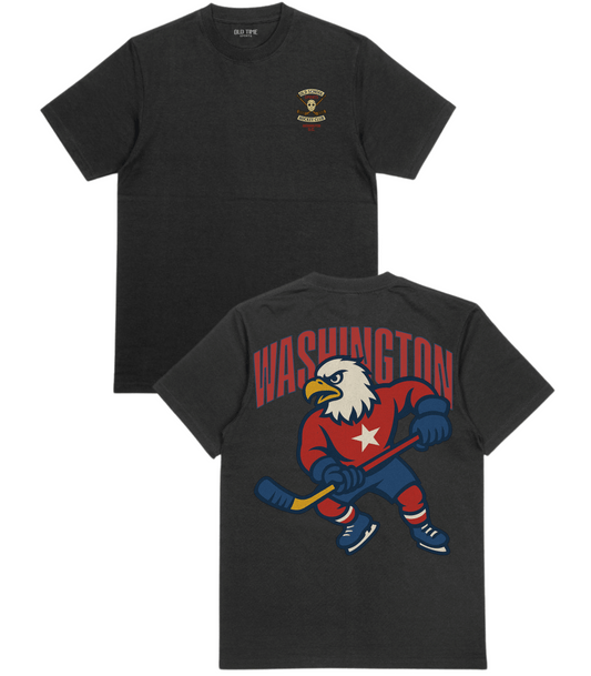 Black t-shirt with 'Washington' eagle graphic on the front and back