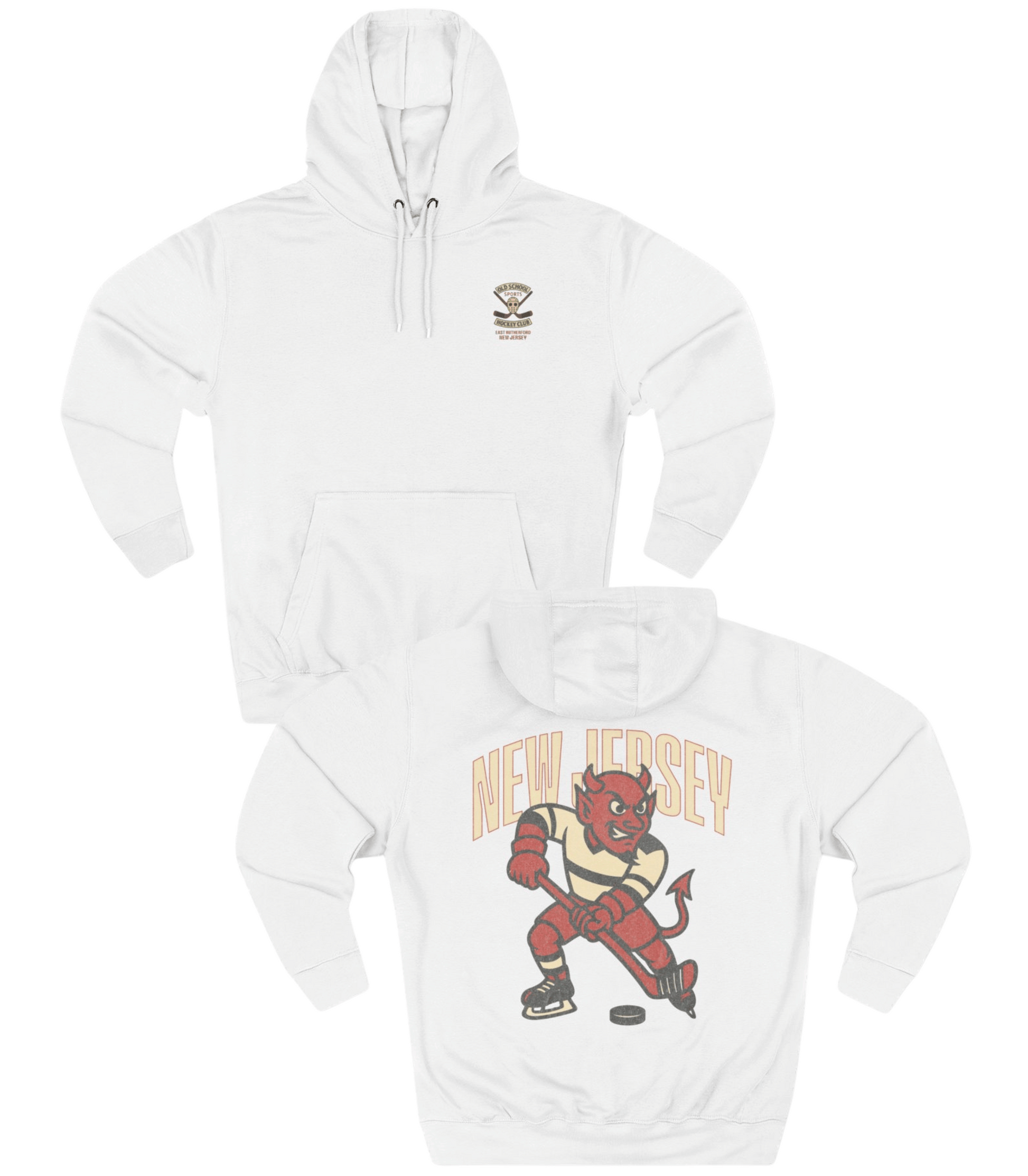 White hoodie with a cartoon character and 'New Jersey' text on a white background