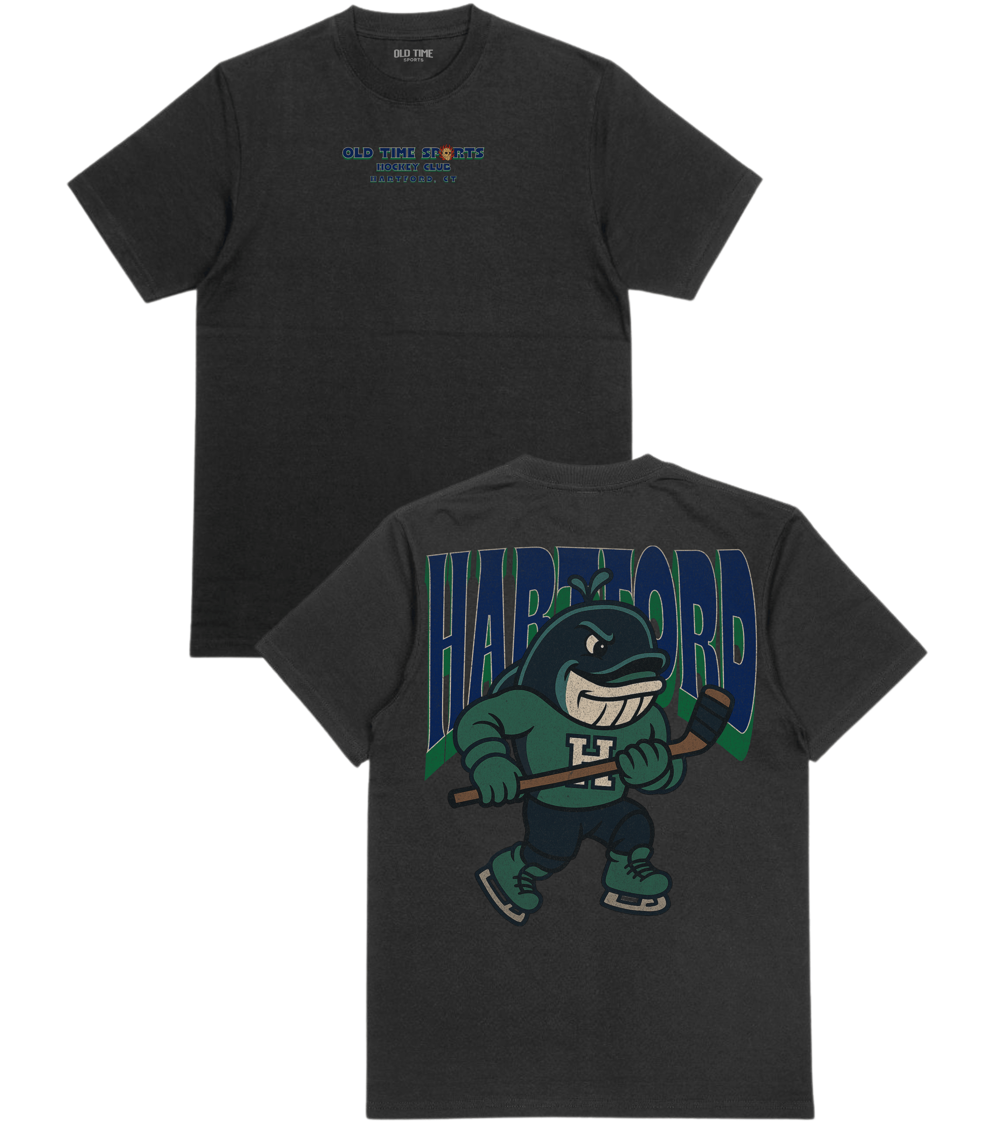 Black t-shirt with a graphic design on the front and back, featuring a character holding a hockey stick and the word 'Hartford'.