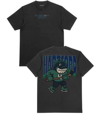 Black t-shirt with a graphic design on the front and back, featuring a character holding a hockey stick and the word 'Hartford'.