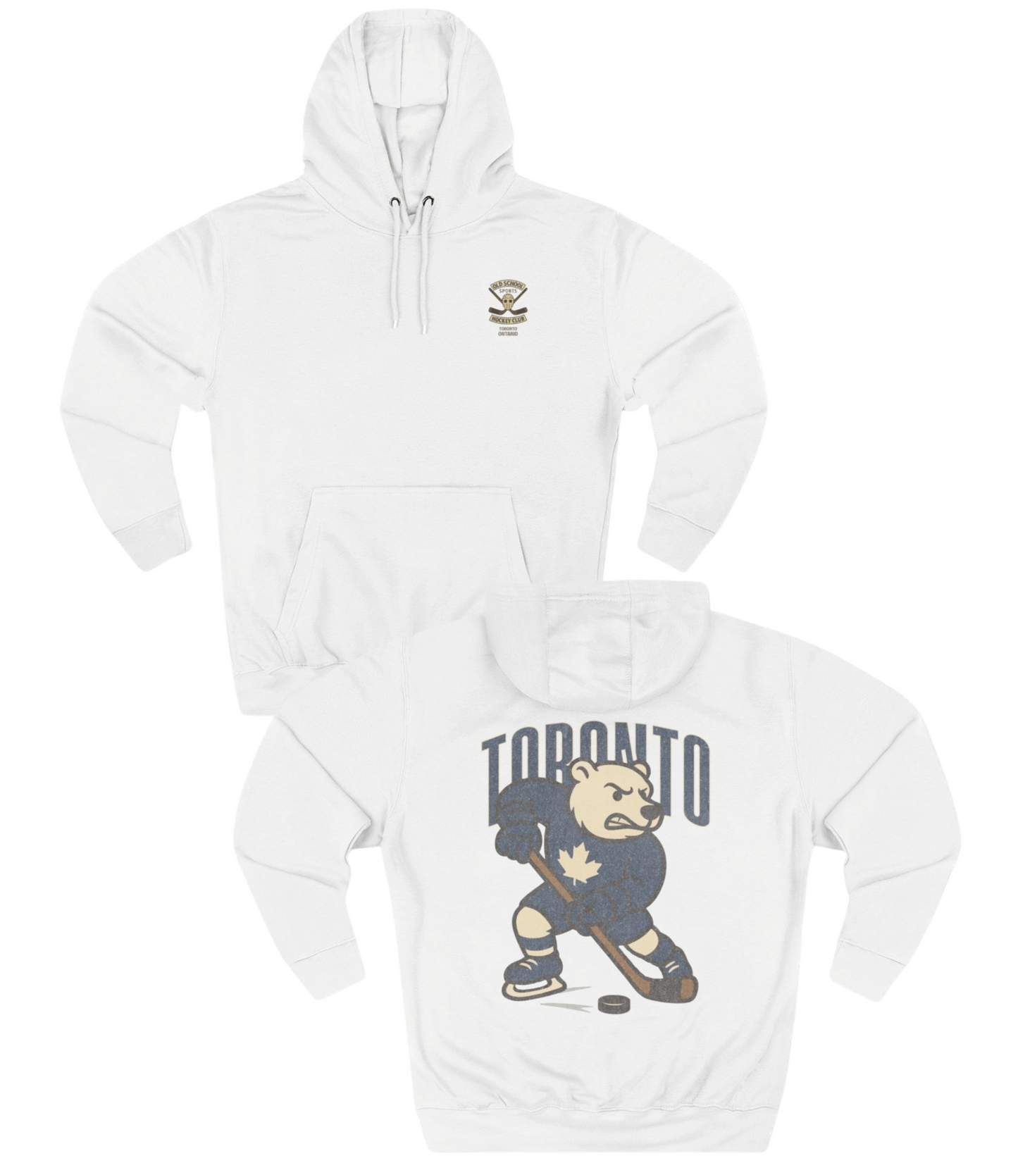 White hoodie with bear hockey player graphic and 'Toronto' text on a white background
