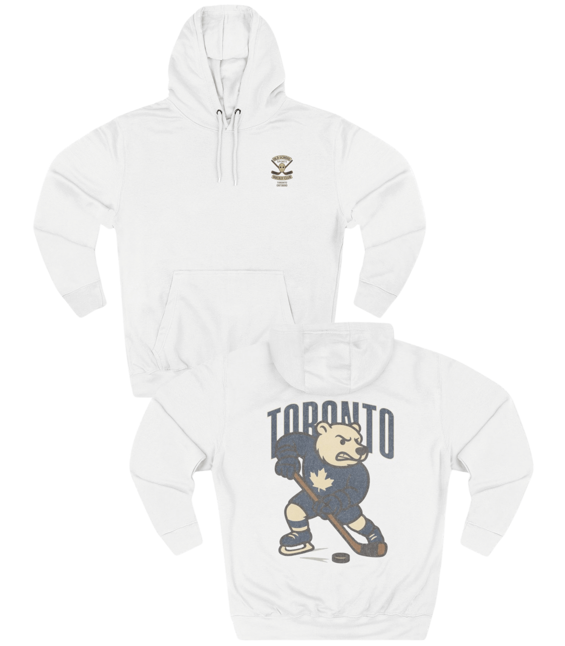 White hoodie with bear hockey player graphic and 'Toronto' text on a white background
