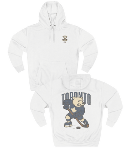 White hoodie with bear hockey player graphic and 'Toronto' text on a white background