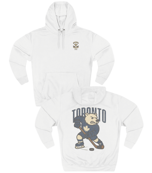 White hoodie with bear hockey player graphic and 'Toronto' text on a white background