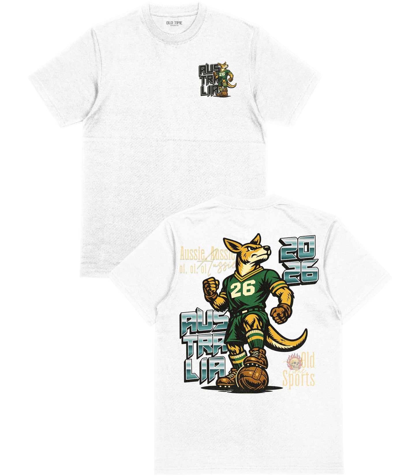 White t-shirt with a graphic design of a fox character and text on a white background