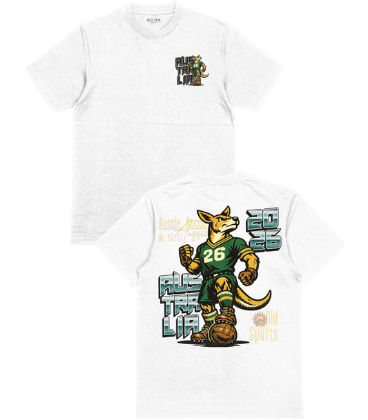 White t-shirt with a graphic design of a fox character and text on a white background