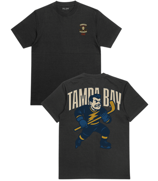 Black t-shirt with 'Tampa Bay' graphic and logo on a white background