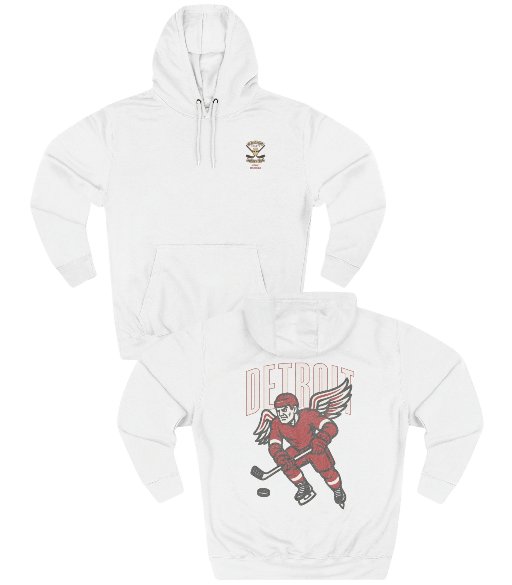 White hoodie with a graphic of a hockey player and 'Detroit' text on a white background