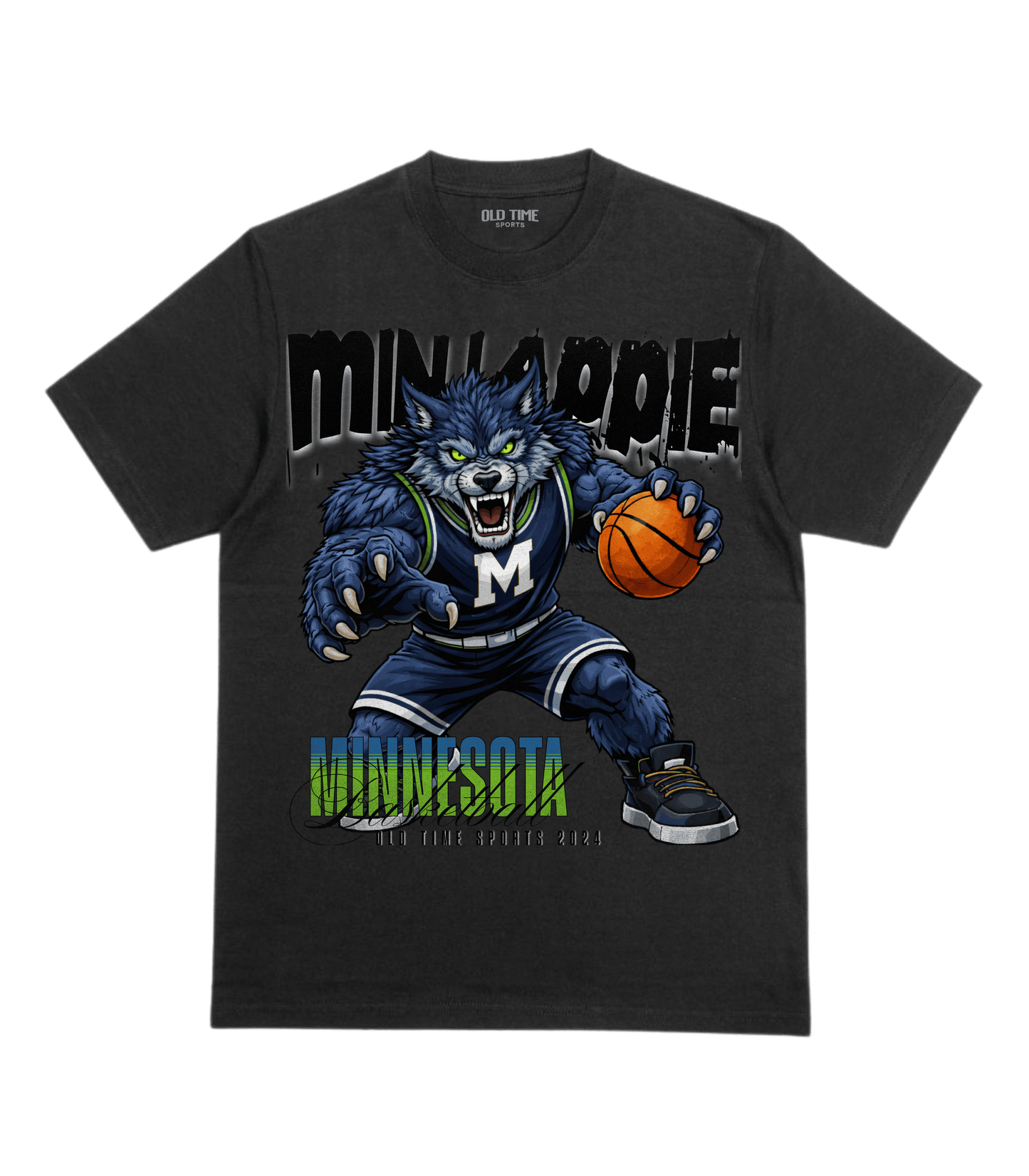 Black t-shirt with a graphic of a blue wolf holding a basketball and 'MINNESOTA' text on a transparent background
