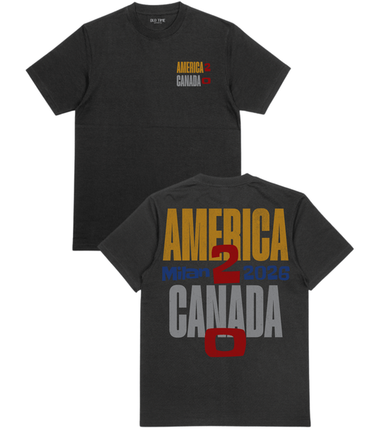 Black t-shirt with 'America 2 Canada' text design on front and back