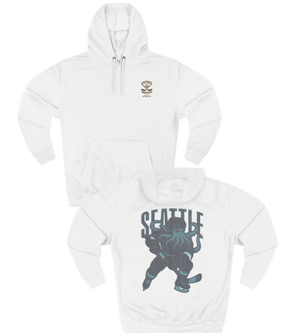 White hoodie with 'Seattle Squid' graphic design on a white background